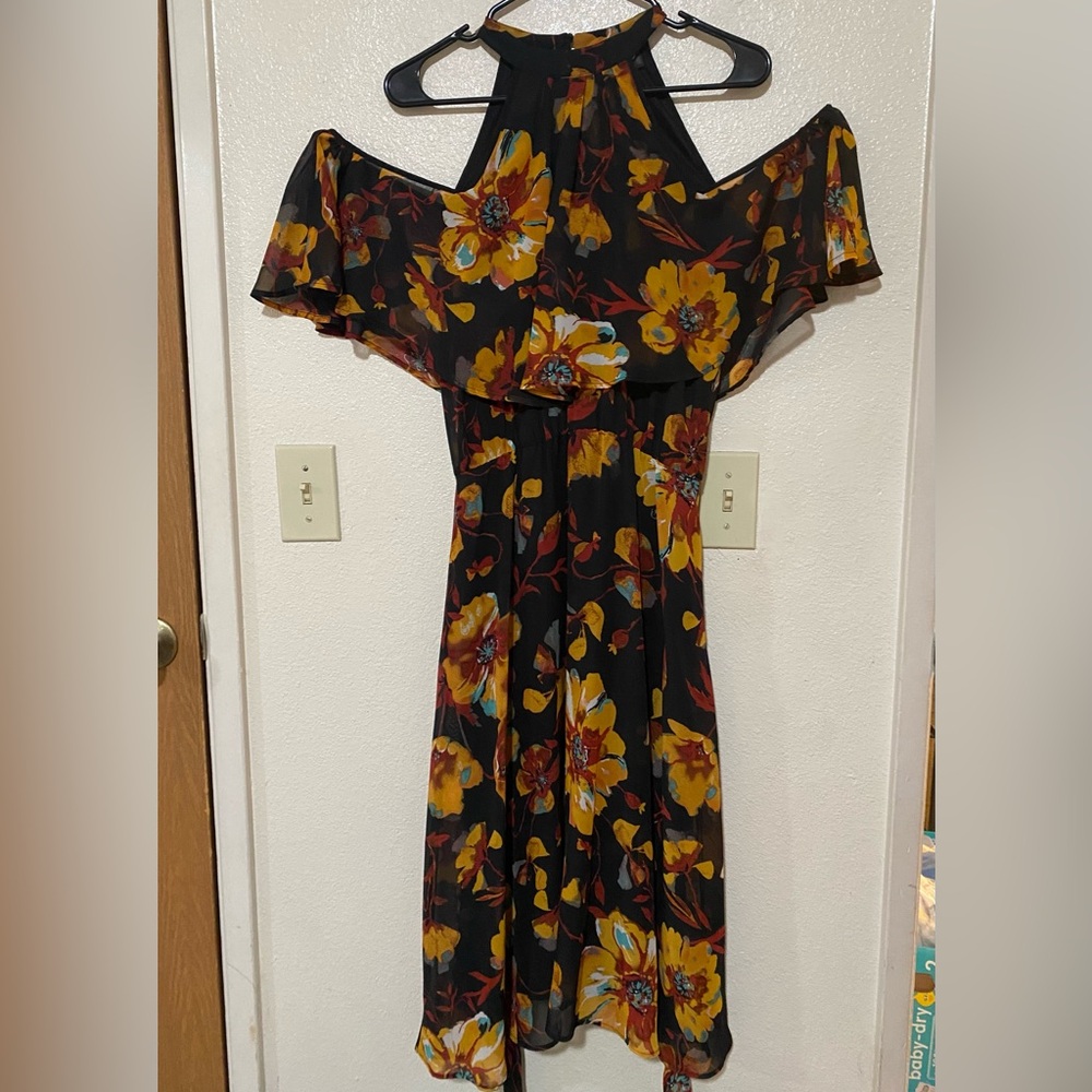 ECI Black Maxi Dress with Yellow and Red Floral Pattern